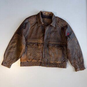 Vintage Eagle Caterpillar CAT Diesel Power Distressed Leather Bomber Jacket-(XL)